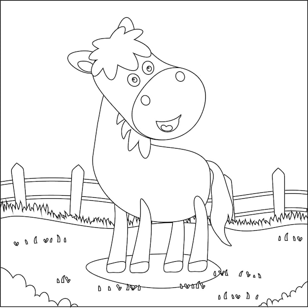 happy horse cartoon in the farm with barn and green field coloring book