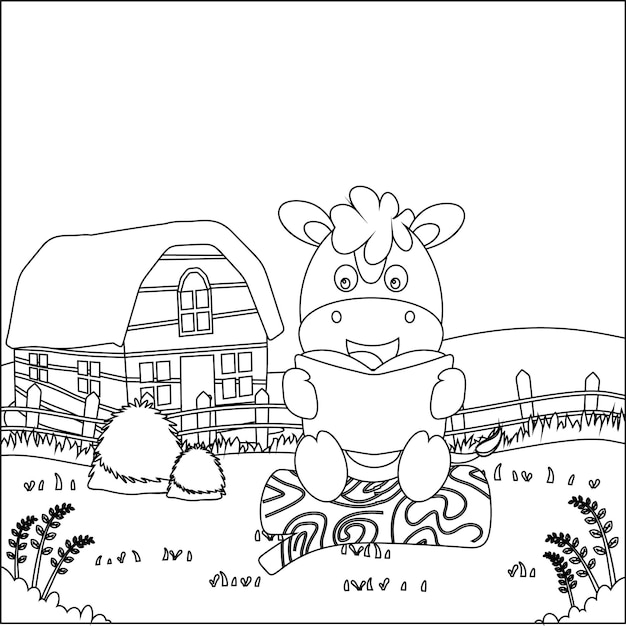 Happy horse cartoon in the farm with barn and green field