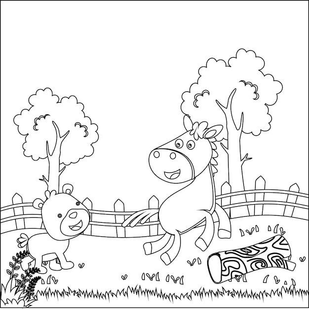 Happy horse cartoon in de boerderij met schuur en groen veld