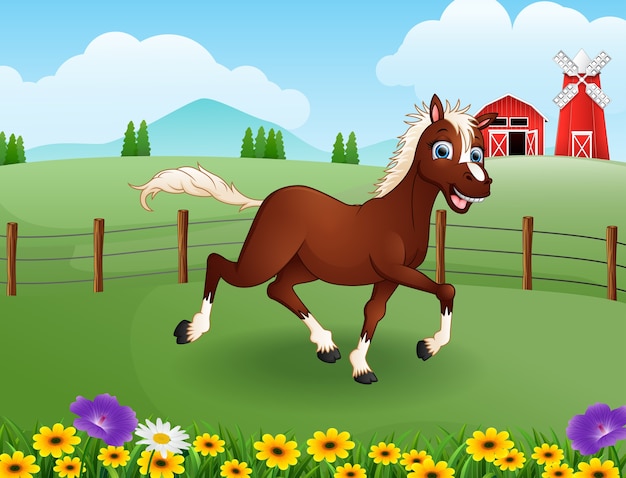 Вектор Счастливый мультфильм лошади в ферме с зеленым полем