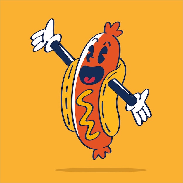 Счастливый хот-дог мультипликационный персонаж векторный рисунок руки