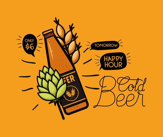Premium Vector Happy hour beers label with bottle and leafs