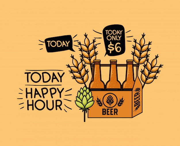 Happy hour beers label with bottles in basket