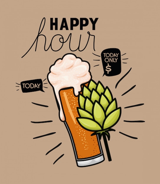 Vector happy hour beers label with glass and leafs