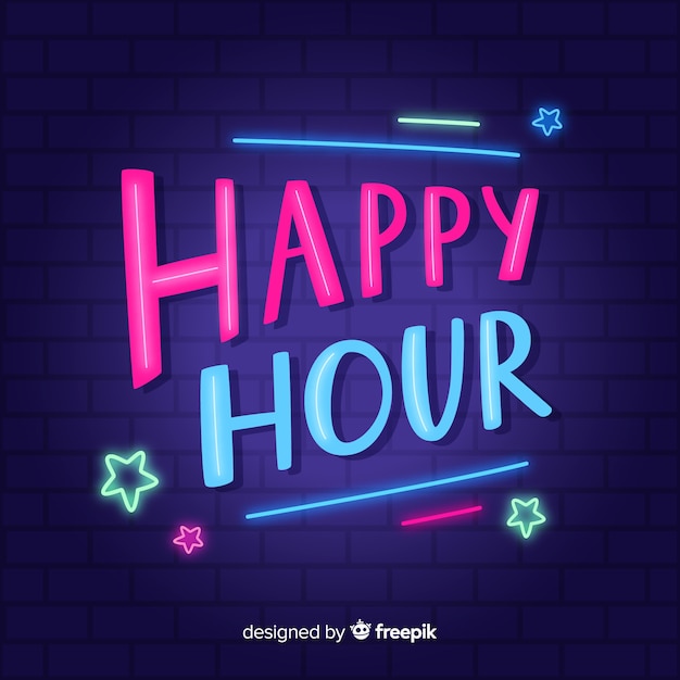 happy hour font with neon lights