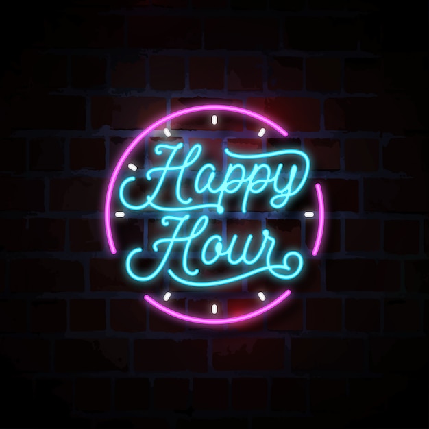 Happy hour illustrazione insegna al neon