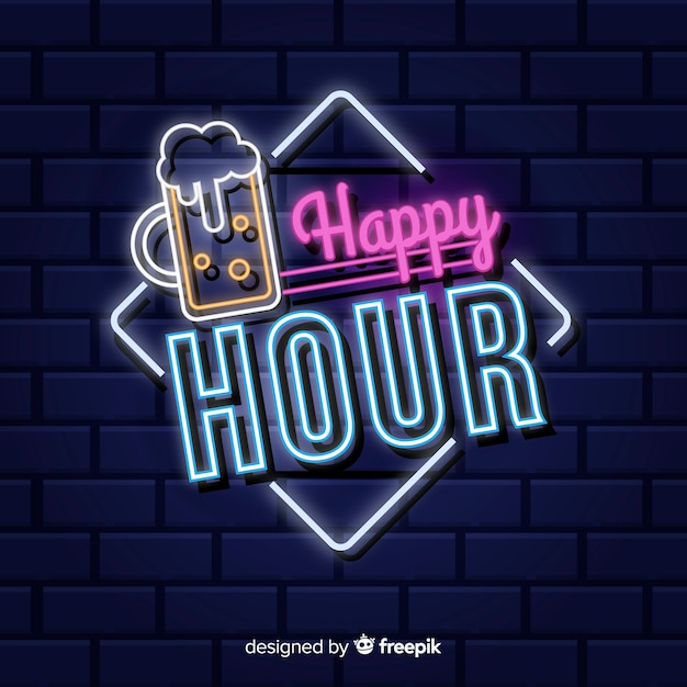 Vettore insegna al neon happy hour