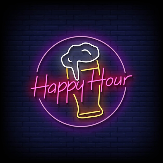 Happy hour insegne al neon stile testo vettore