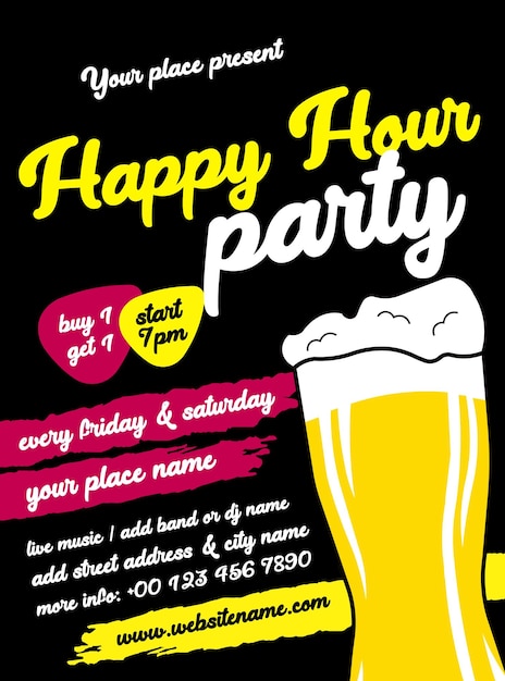 happy hour night poster flyer or social media post design