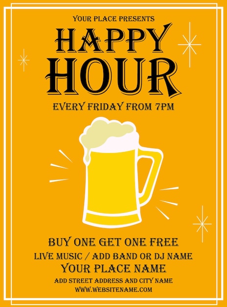 happy hour night poster flyer or social media post design