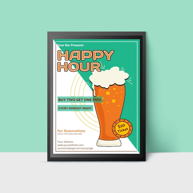 Шаблон happy hour с пивным стеклом для веб-сайта, плакат, флаер, приглашение на вечеринку в зеленых тонах. винтажный стиль.