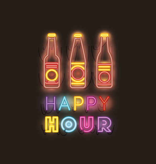 Happy hour with beer bottle fonts neon lights