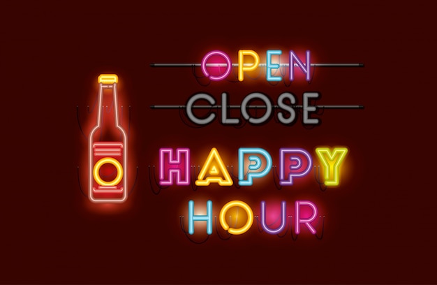 Happy hour with beer bottle fonts neon lights