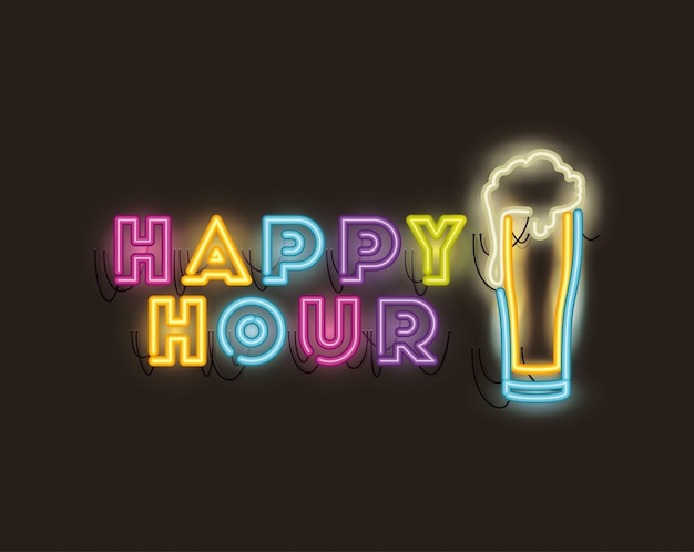 Vector happy hour with beer jar fonts neon lights