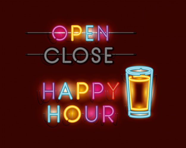 Vettore happy hour con luci al neon font barattolo di birra