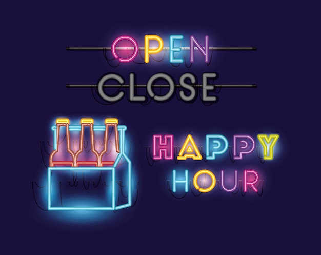 Happy hour with beers bottles in basket fonts neon lights