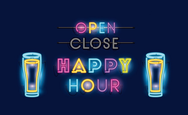 Vector happy hour with beers jars fonts neon lights