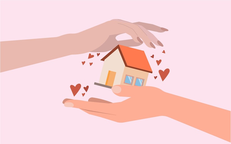 Vector happy house in man and woman's hand