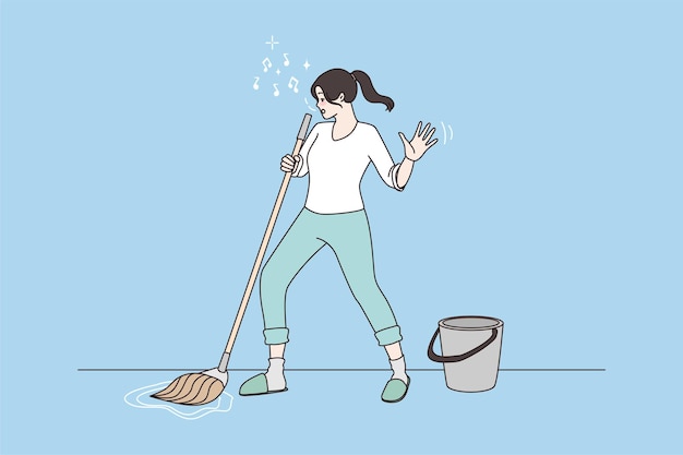 Happy housewife sing dance in mop when cleaning house