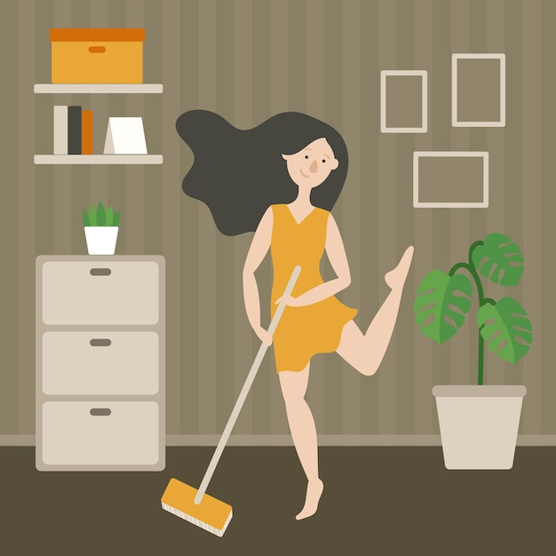 Vector happy housewife with a mop singing the floor. living room interior. monstera, dresser, frame. a girl with dark hair in a yellow dress dancing. flat vector