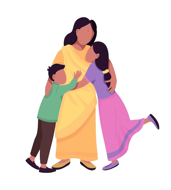행복한 포옹 가족 세미 플랫 컬러 벡터 문자입니다. 상호 작용하는 인물. 흰색에 전체 사람들입니다. 인도의 휴일은 그래픽 디자인과 애니메이션을 위한 격리된 현대 만화 스타일의 삽화입니다.