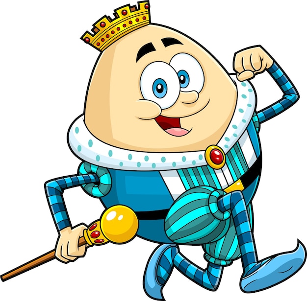 Vector happy humpty dumpty king egg cartoon character running vector hand drawn illustration