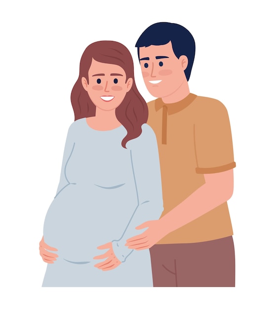 Happy husband hugging pregnant wife belly semi flat color vector characters