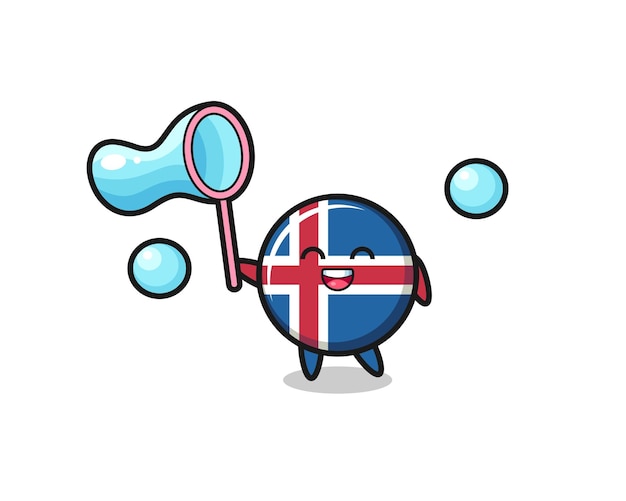 Happy iceland flag cartoon playing soap bubble