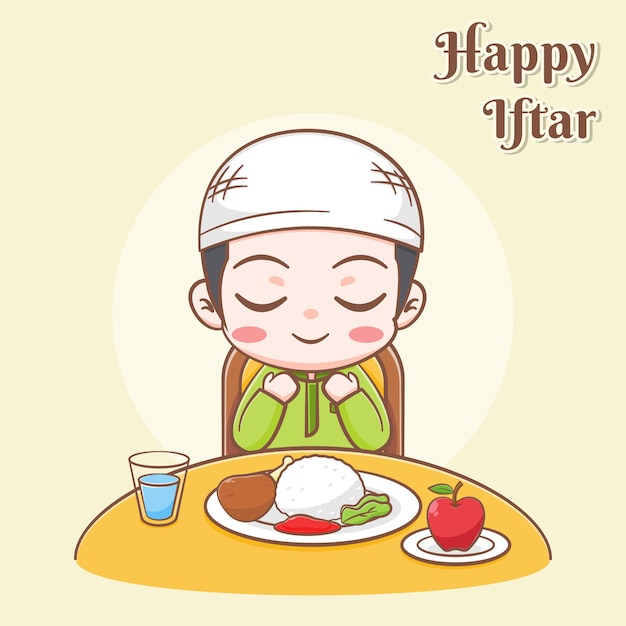 Happy iftar greeting card with a cute boy praying for having meals cartoon illustration