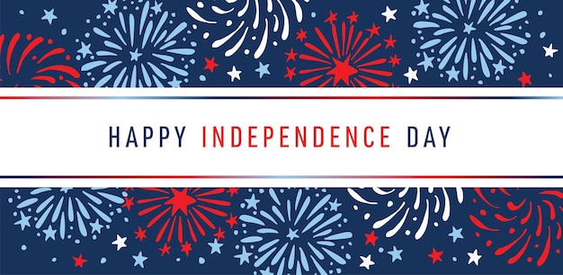 Happy Independence day 4th July national holiday Festive greeting card invitation Hand drawn fireworks in USA flag colors Blue vector illustration background web banner Memorial labor day