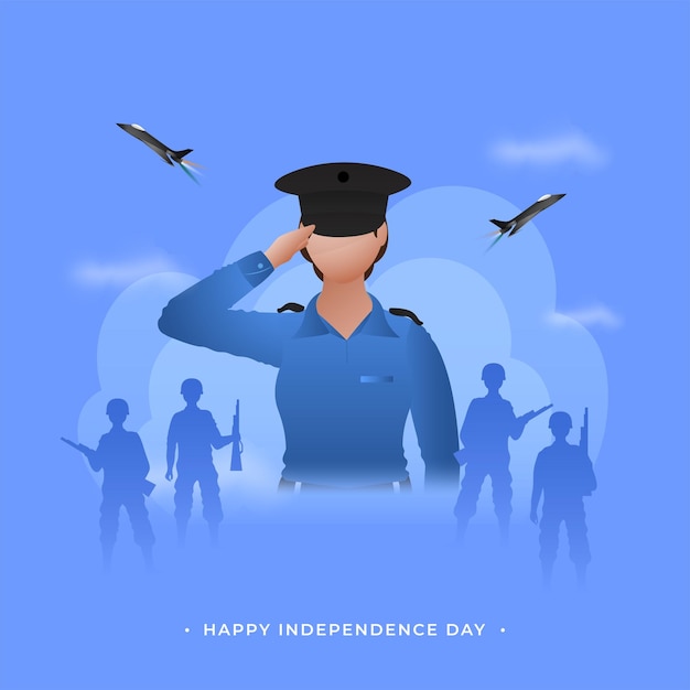 happy independence day concept with faceless female officer saluting silhouette soldiers india flag and fighter jets on blue background
