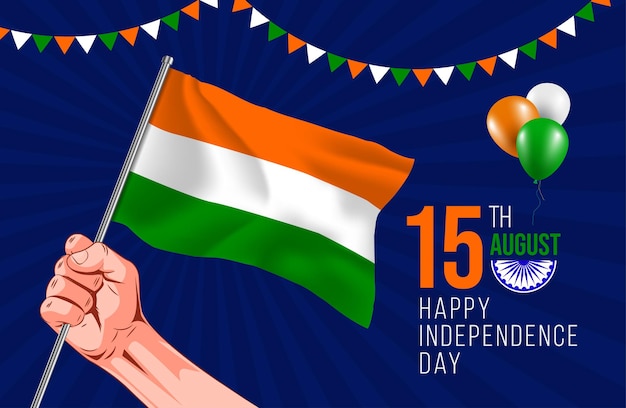 Felice giorno dell'indipendenza dell'india 15 agosto, mano che tiene la bandiera indiana