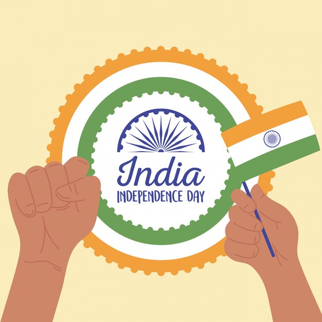 ベクトル 幸せな独立記念日インド、旗お祝い国家のイラストで挙手