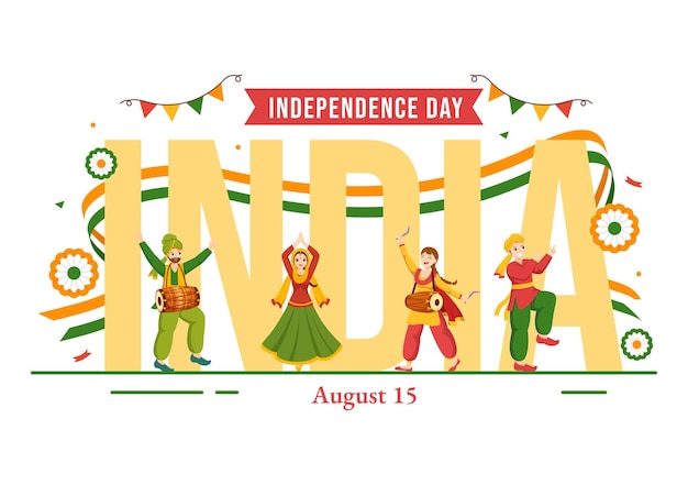 Happy independence day india vector illustration il 15 agosto con la bandiera indiana in flat cartoon