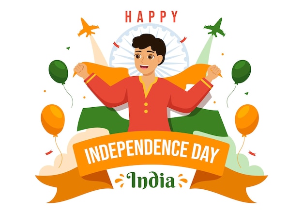 Vector happy independence day india vector illustration on 15 august with indian flag in flat cartoon