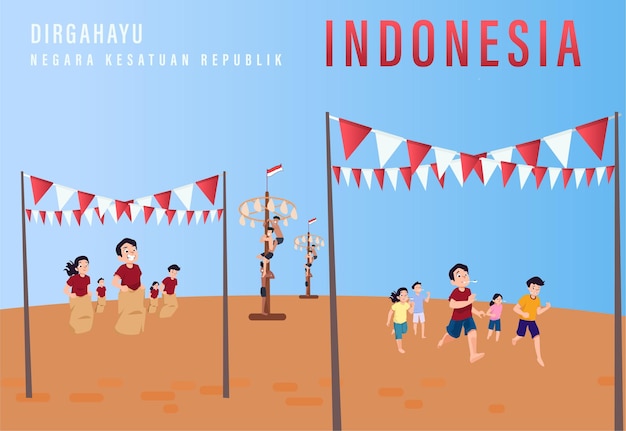 Happy Independence Day of Indonesia Vector Illustration with Traditional Games