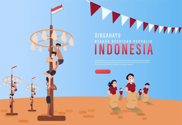 Felice giorno dell'indipendenza dell'indonesia illustrazione vettoriale con giochi tradizionali