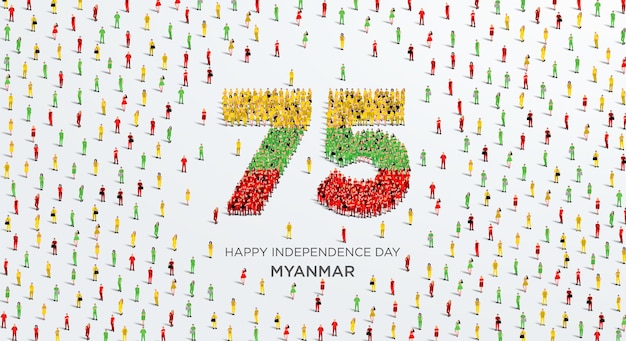 Buon giorno dell'indipendenza myanmar design. un folto gruppo di persone si forma per creare il numero 75.