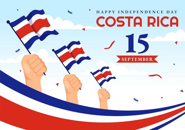 ベクトル 手を振る旗の背景と紙吹雪を持つコスタリカのベクトル図の幸せな独立記念日