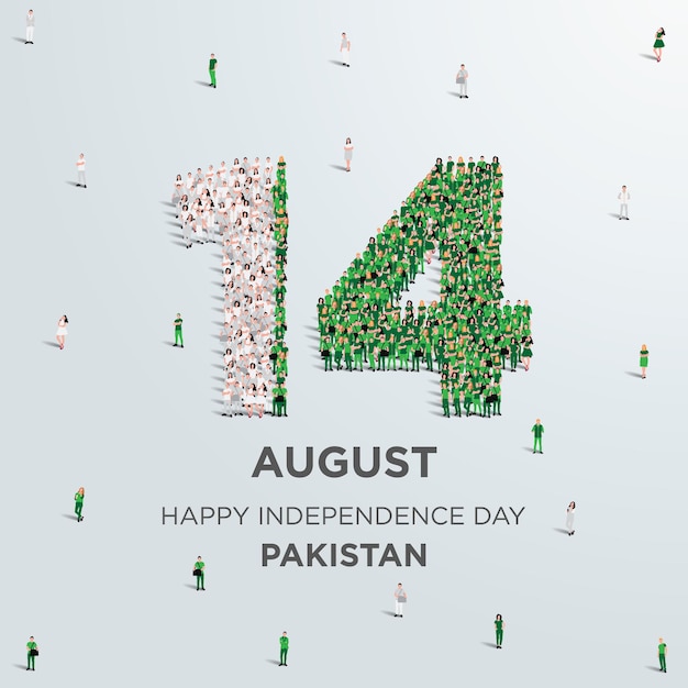 С Днем независимости Пакистана. Большая группа людей собирается, чтобы создать число 14.