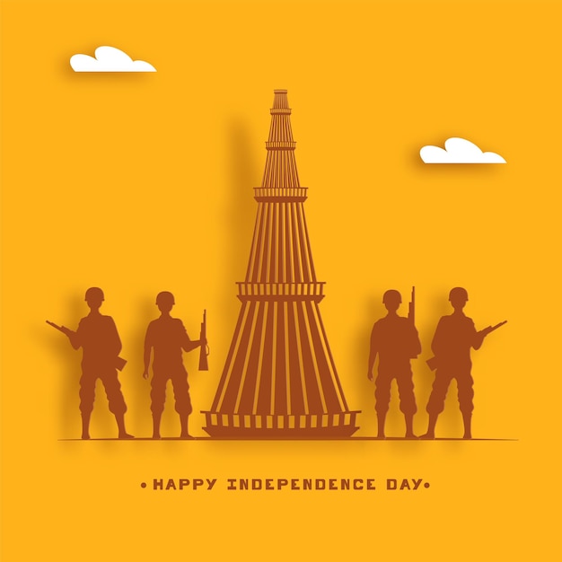 Vector happy independence day poster design with ashoka wheel clouds qutub minar monument and silhouette soldiers on chrome yellow background