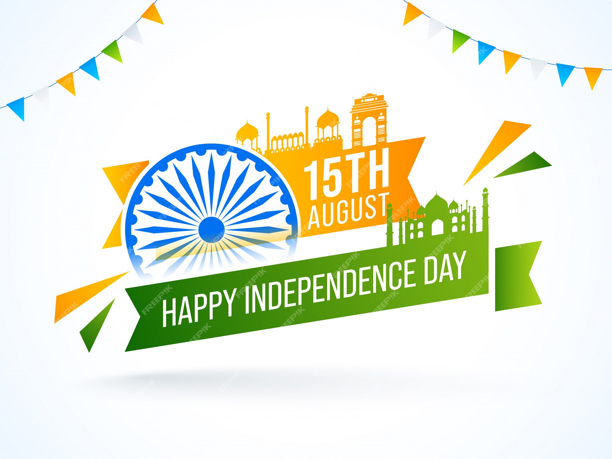 Premium Vector | , happy independence day text with ashoka wheel, famous  monuments of india and bunting flags decorated on white background.