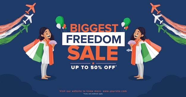 Happy independence sale with offers with girl holding shopping bag and money on dark blue background