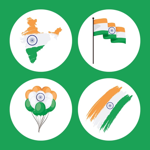 Vector happy india independence day symbol collection on green background