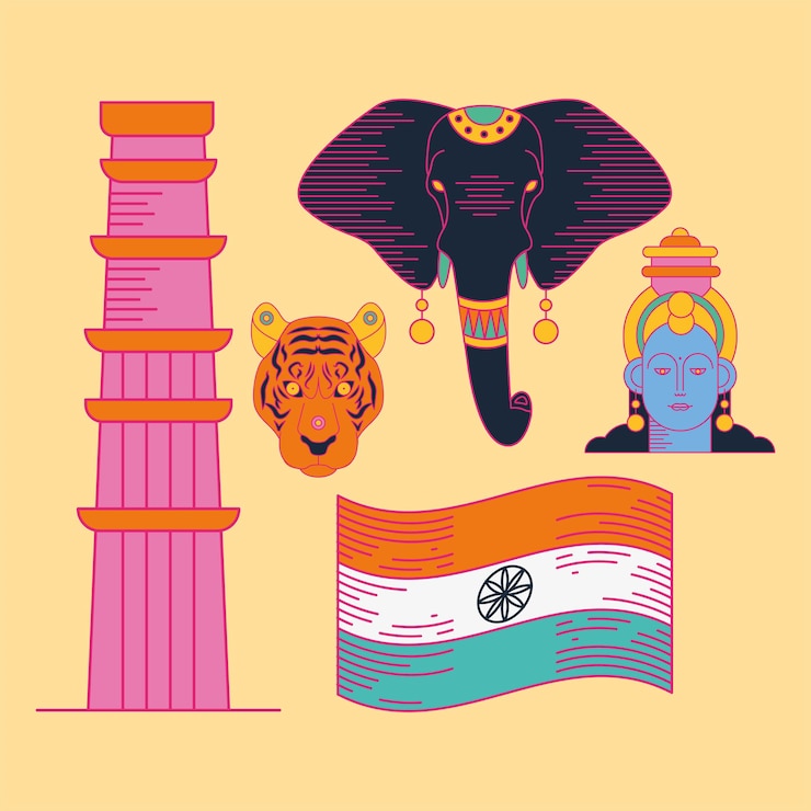 वेक्टर happy india independence day symbol set on yellow background