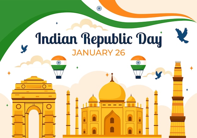 印度共和國慶祝日 (Happy India Republic Day) 矢量插圖,以印度國旗和印度大門為背景