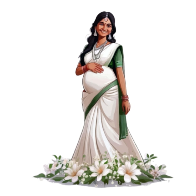 Vector happy indian pregnant woman hugging her belly wearing sharee with white flowers