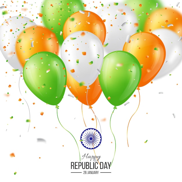 행복 한 인도 공화국의 날 축 하 포스터 또는 배너 배경, 카드. 색종이와 3 색 풍선입니다. 벡터 일러스트 레이 션.