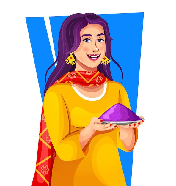 Vector happy indian woman in ethnic suit salwar holding a color powder plate in hand celebrating holi