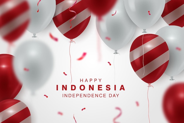 Happy indonesia independence day banner background with the red and white realistic balloon